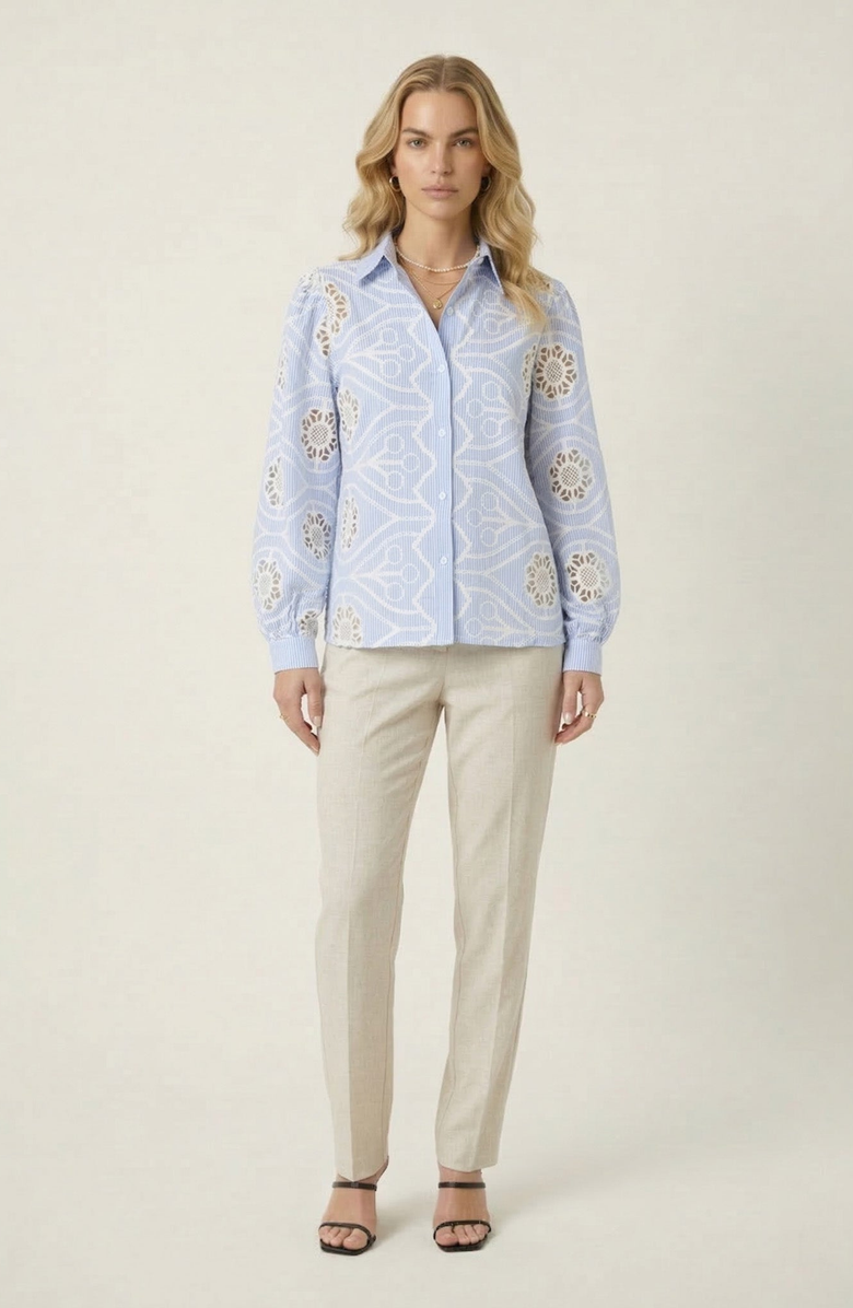 Modenaire Striped Eyelet Button Down Shirt, Alternate, color, Light Blue / White