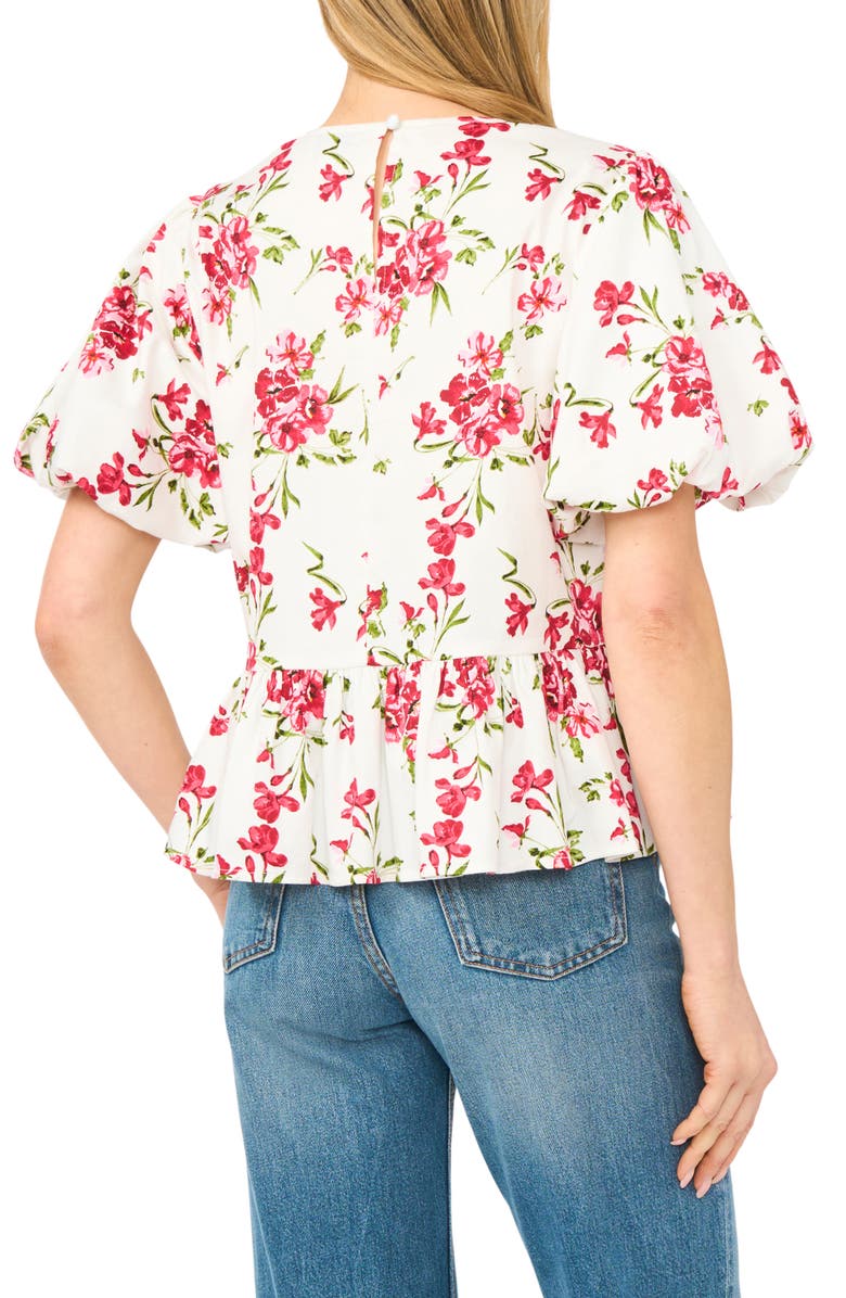 CeCe Puff Sleeve Floral Print Shirt, Alternate, color, Egret