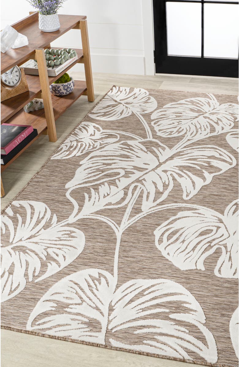 JONATHAN Y Tobago High-Low Two-Tone Monstera Leaf Indoor/Outdoor Area Rug, Alternate, color, Brown/Ivory