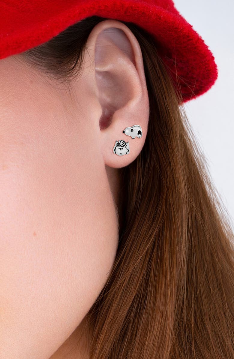 Crislu x Peanuts<sup>®</sup> Snoopy & the Gang Set of 5 Assorted Single Stud Earrings, Alternate, color, Pure Platinum / Clear Stone