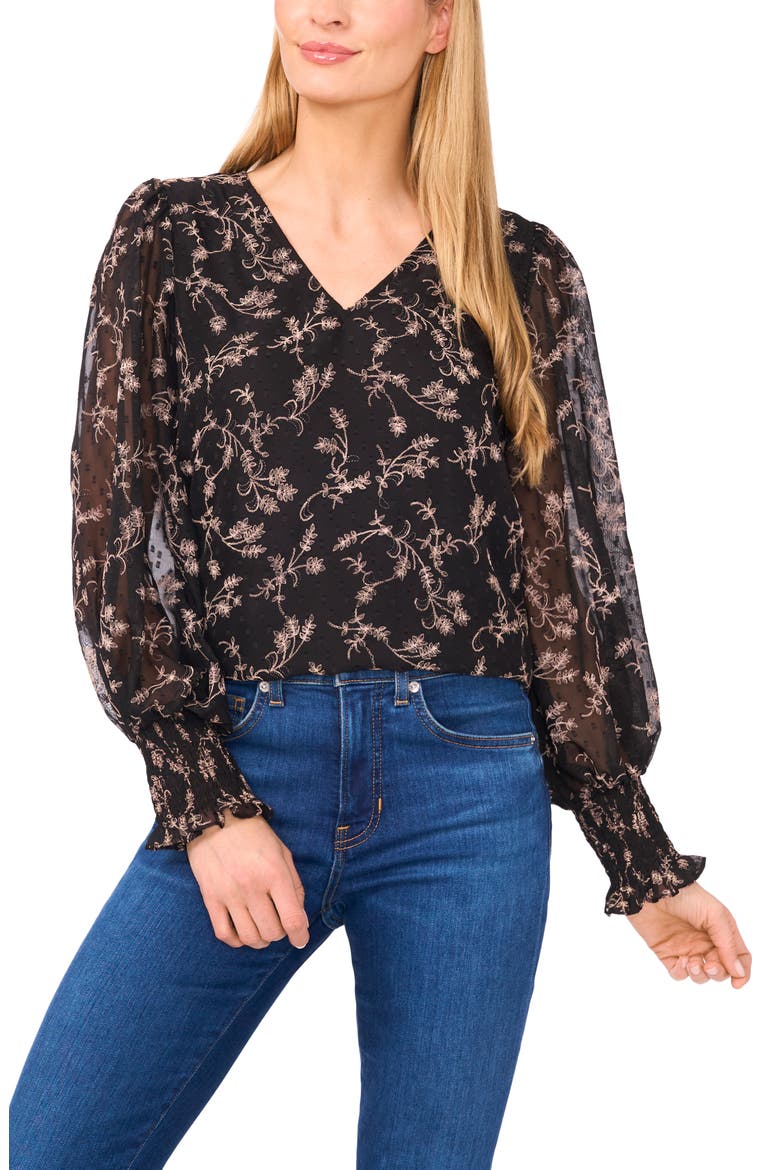 Floral Clip Dot Smocked Cuff V-Neck Top, Main, color, RICH BLACK