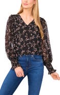 CeCe Floral Clip Dot Smocked Cuff V-Neck Top