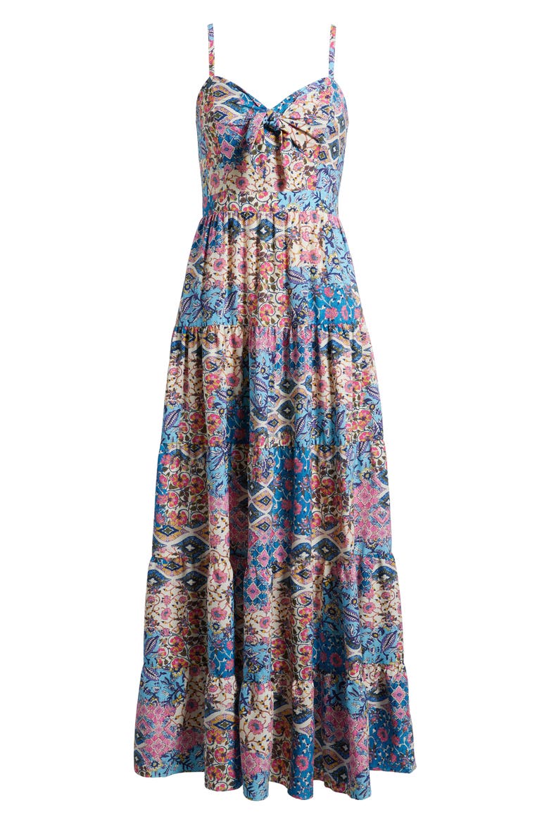 Mixed Print Bow Front Tiered Maxi Sundress, Alternate, color, BLUE MULTI