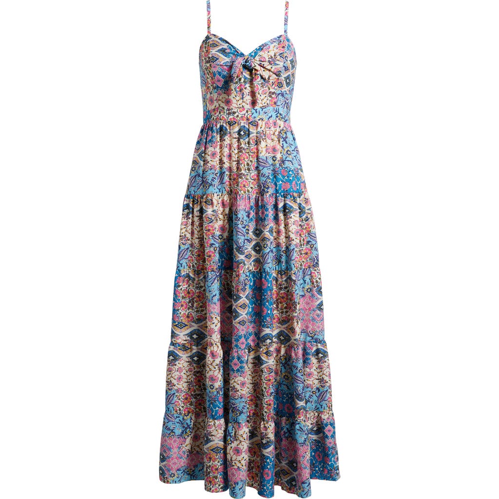 Eliza J Mixed Print Bow Front Tiered Maxi Sundress In Blue Multi