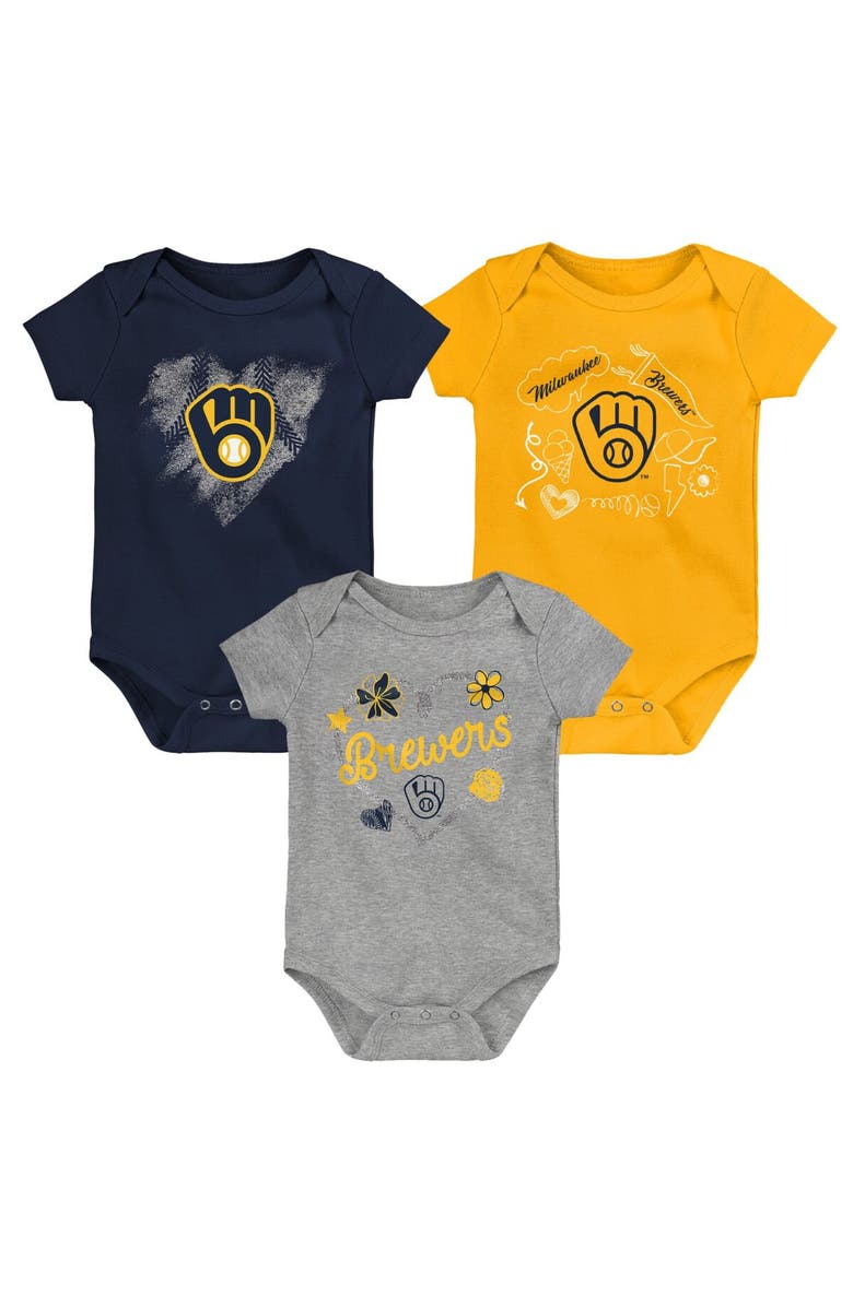Outerstuff Girls Newborn & Infant Navy/Gold/Heathered Gray Milwaukee Brewers 3-Pack Batter Up Bodysuit Set, Main, color, Navy