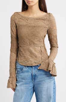 Free People Bell Sleeve Sheer Cotton Blend Lace Top