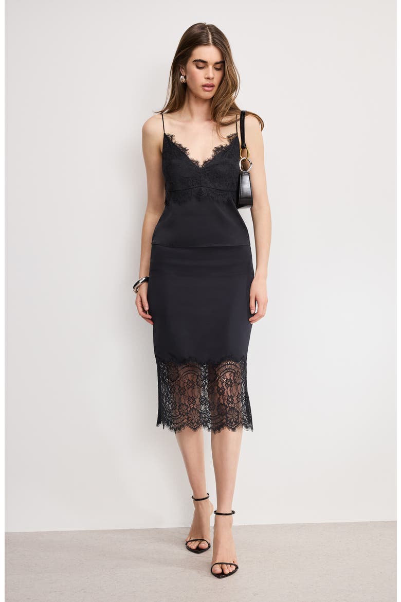 Lace Trim Satin Midi Skirt, Alternate, color, BLACK001
