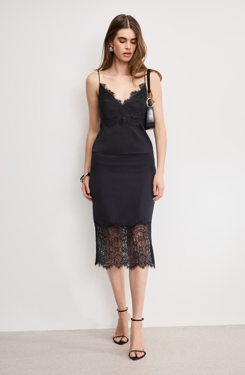 Good American Lace Trim Satin Midi Skirt, Alternate, color, Black001