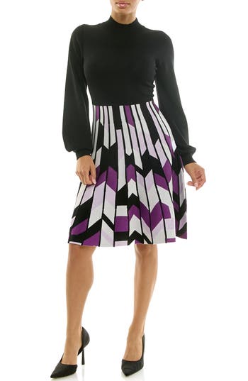 Nina Leonard Mock Neck Long Sleeve Mixed Media Dress In Black