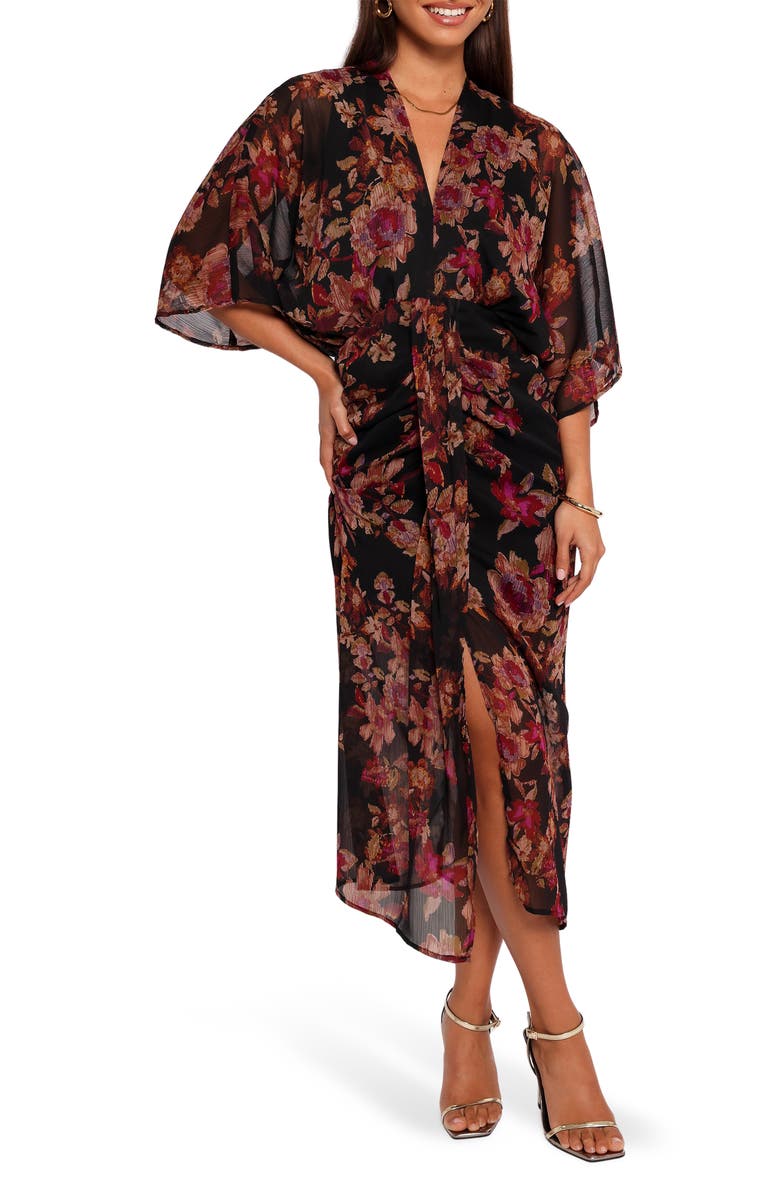 Petal & Pup Audrina Floral Chiffon Midi Dress, Main, color, Black Floral