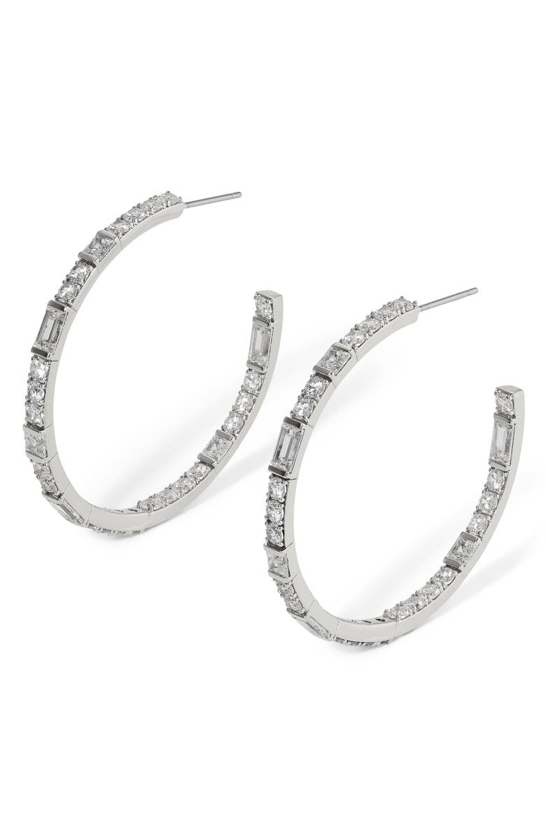Nadri Delphine Cubic Cirzonia Hoop Earrings, Main, color, Rhodium