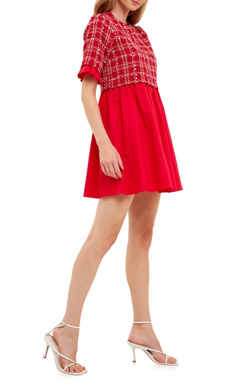 English Factory Pleated Tweed & Poplin Minidress In Red