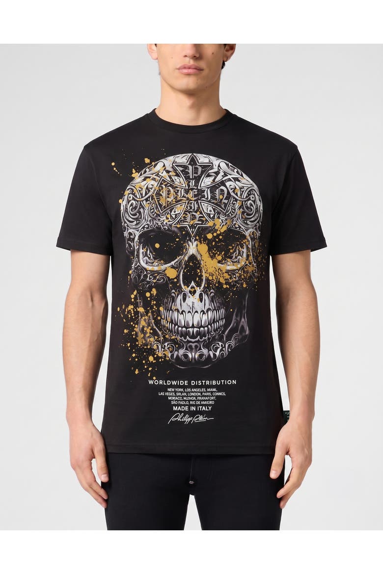 T-Shirt Round Neck Ss Skull Men, Main, color, black