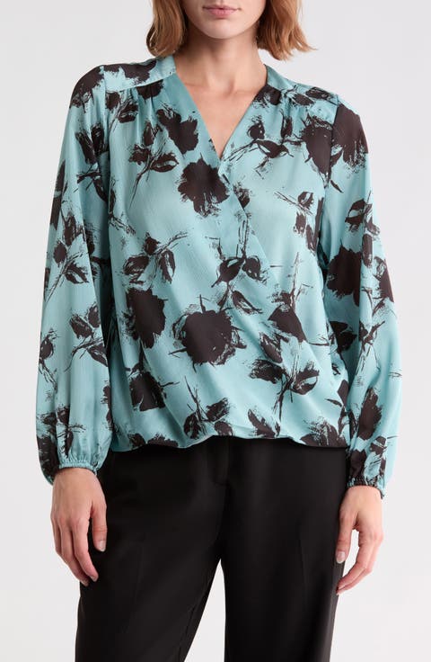 Long Sleeve Faux Wrap Blouse
