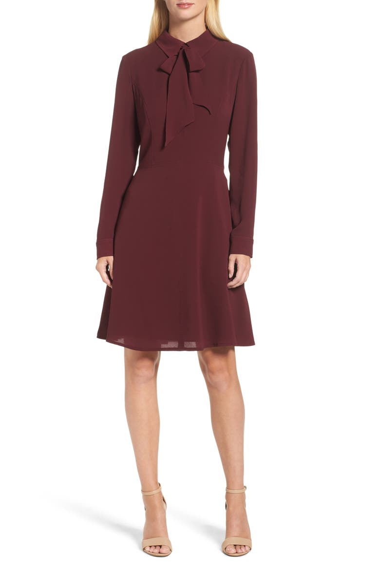 Crepe Bow Fit & Flare Dress, Main, color, WINE