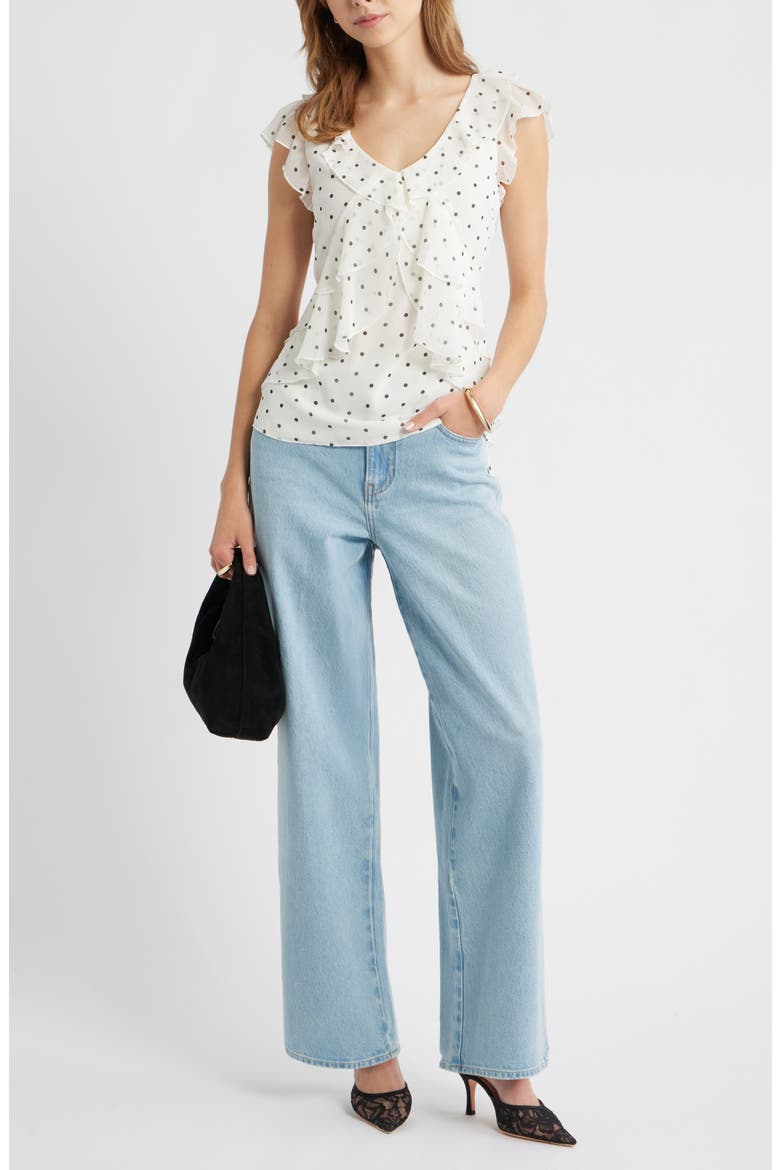 Chiffon Ruffle Top, Alternate, color, IVORY- BLACK CORNER DOT