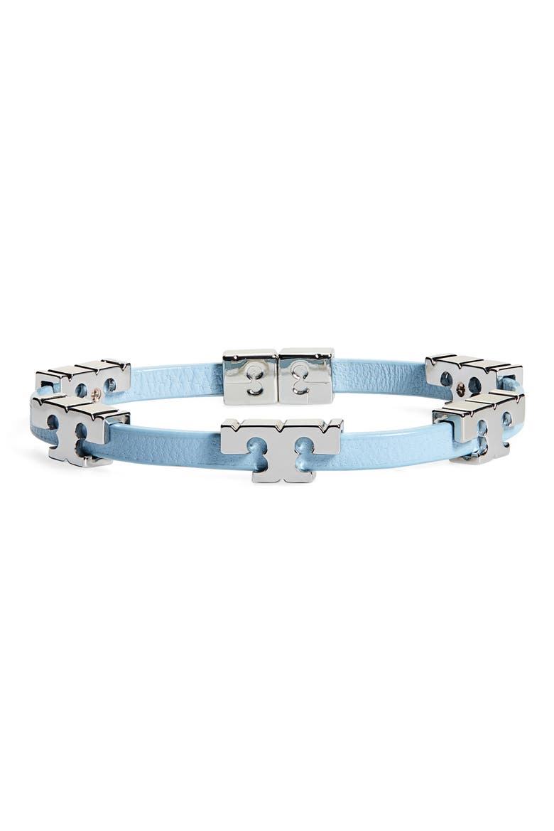Serif-T Leather Bracelet, Main, color, TORY SILVER / FLORAL BLUE