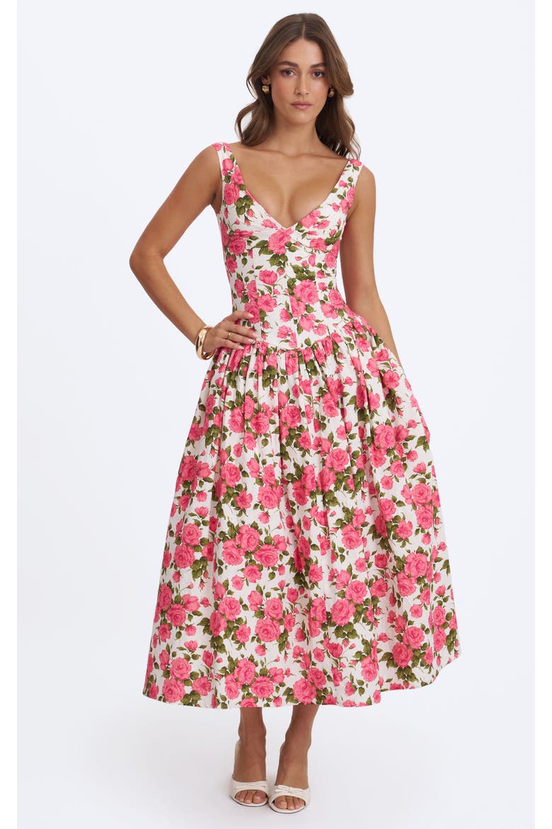 Wilfreda Blooming Floral Linen Sweetheart Midi Dress, Main, color, Pink