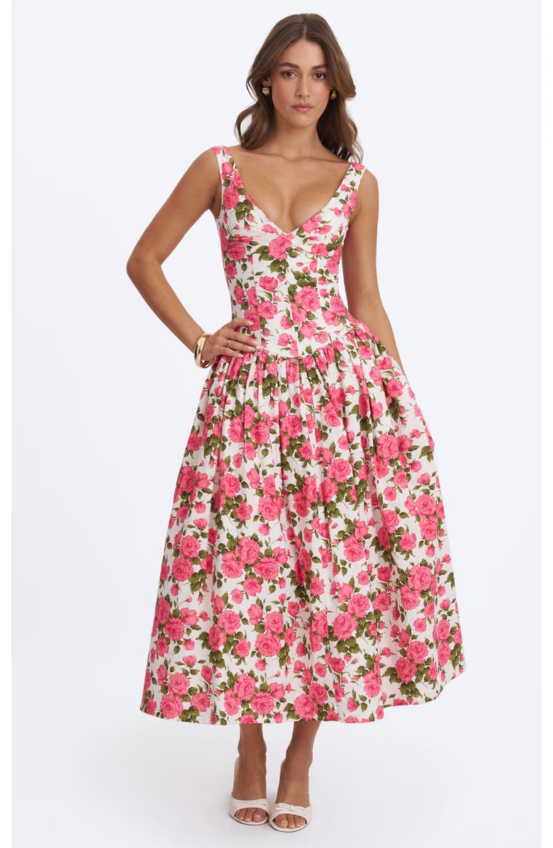 Miss Circle Wilfreda Blooming Floral Linen Sweetheart Midi Dress, Main, color, Pink