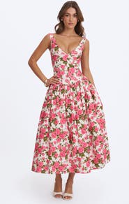 Miss Circle Wilfreda Blooming Floral Linen Sweetheart Midi Dress