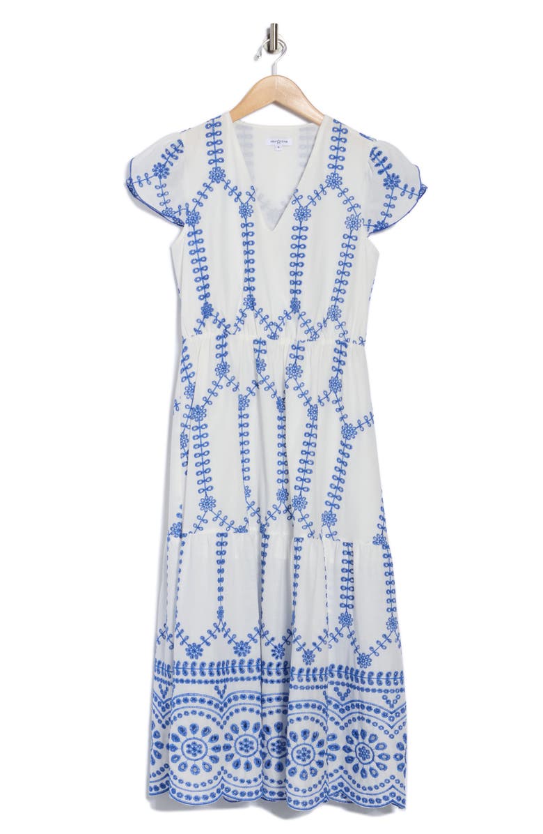 AREA STARS Ani Embroidered Eyelet Cap Sleeve Midi Dress, Alternate, color, White