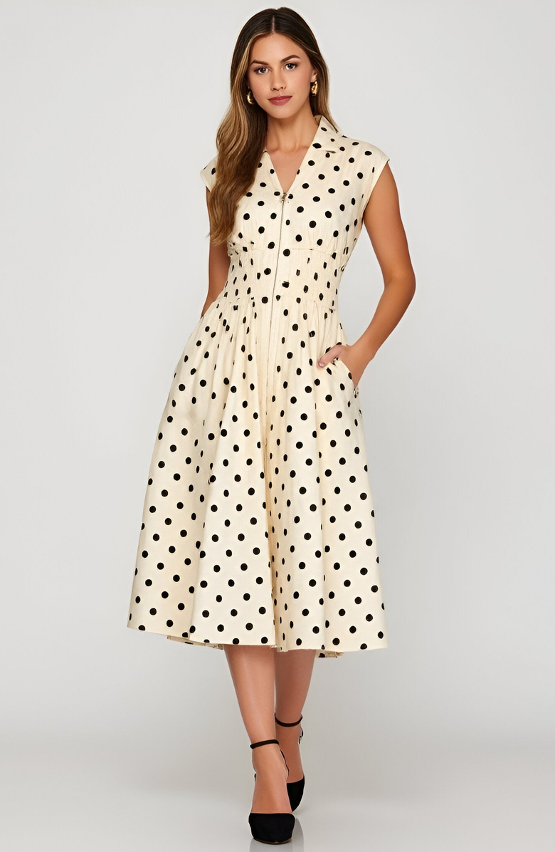 Modenaire Polka Dot Midi Shirt Dress with Cap Sleeves and Button Front, Main, color, 