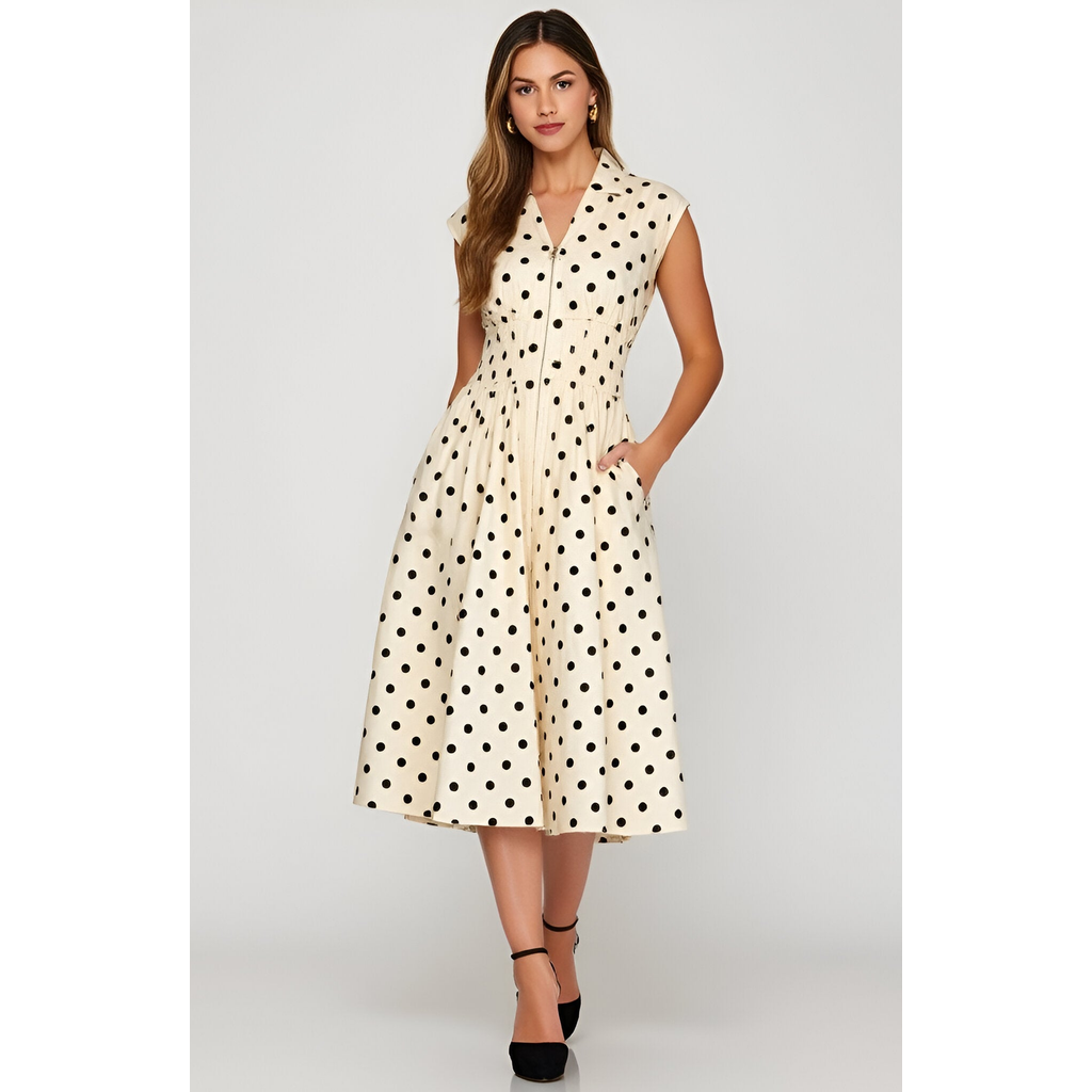Modenaire Polka Dot Midi Shirt Dress With Cap Sleeves And Button Front In Multi