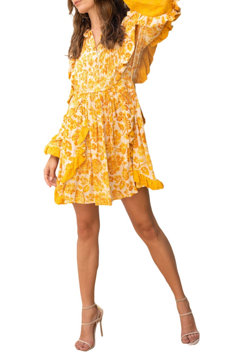 Floral Ruffle Long Sleeve Dress, Main, color, DARK YELLOW