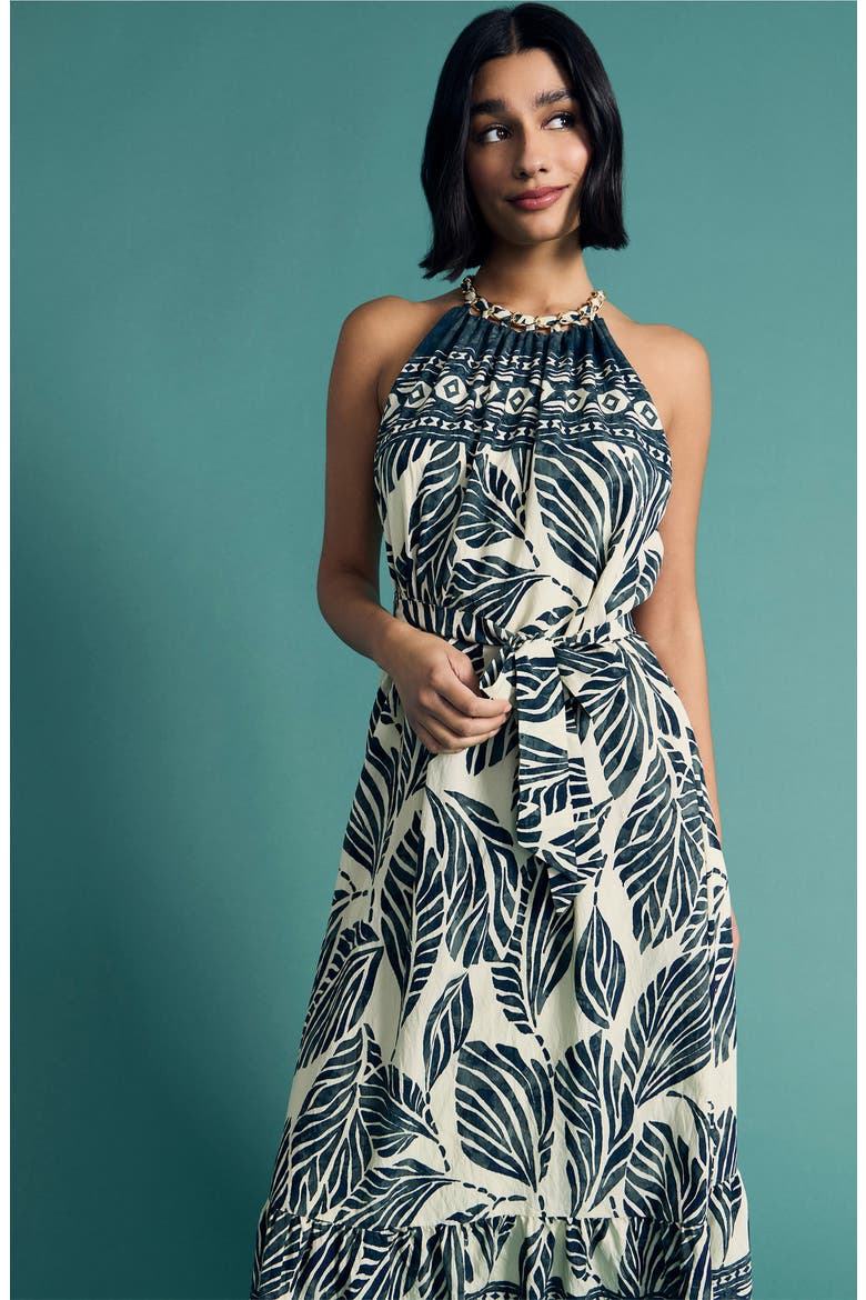Print Tie Back Sleeveless Midi Dress, Alternate, color, NAVY/ GREEN