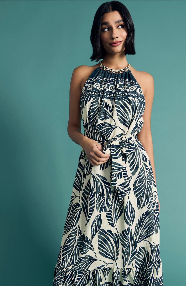 Maggy London Print Tie Back Sleeveless Midi Dress, Alternate, color, Navy/ Green