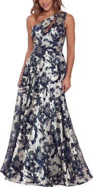 Betsy & Adam Metallic Floral One-Shoulder Gown
