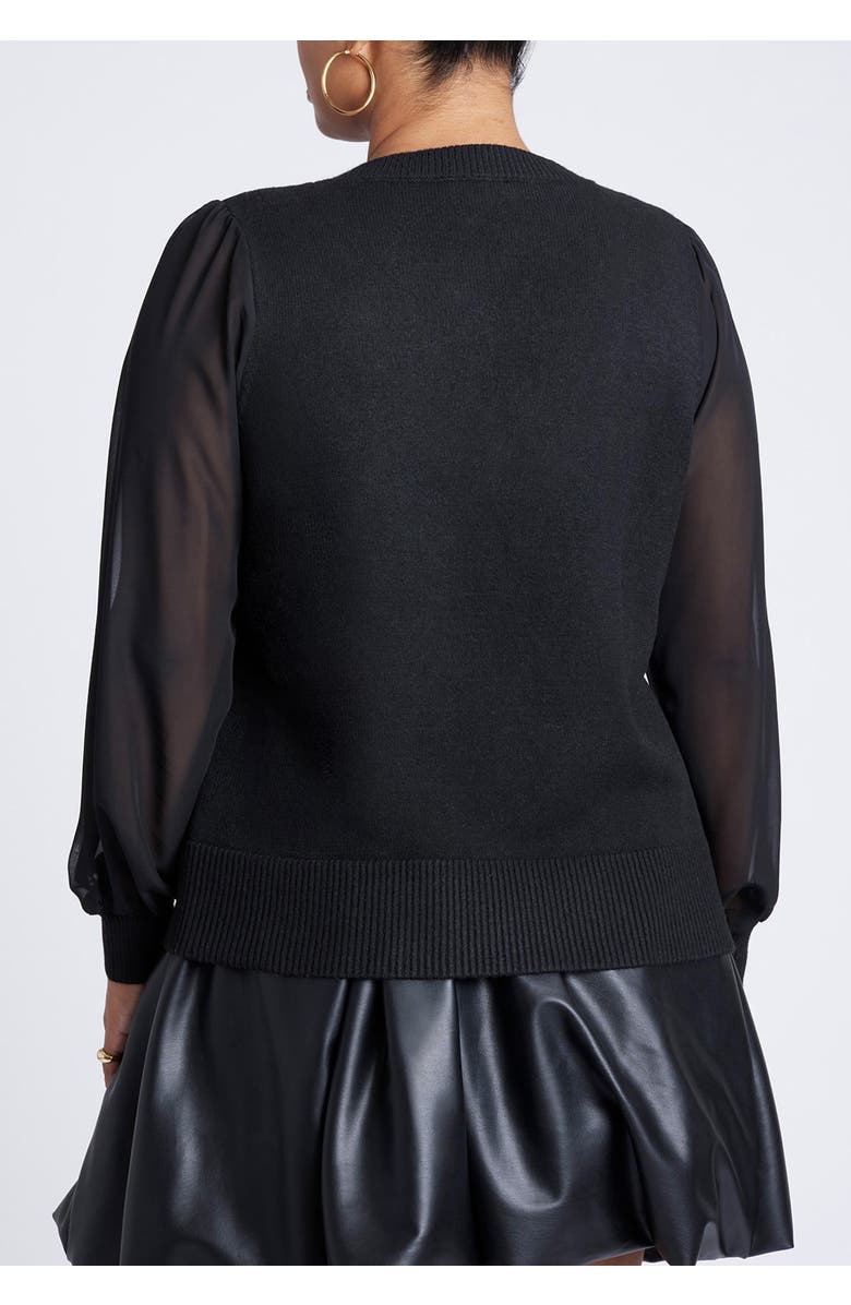 ELOQUII Sheer Sleeve V-Neck Sweater, Alternate, color, Black Onyx