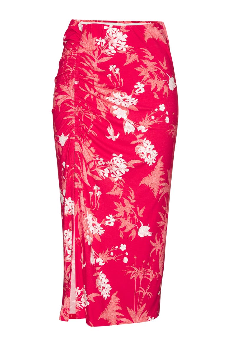 Ruched Slit Midi Skirt, Alternate, color, Red Printed