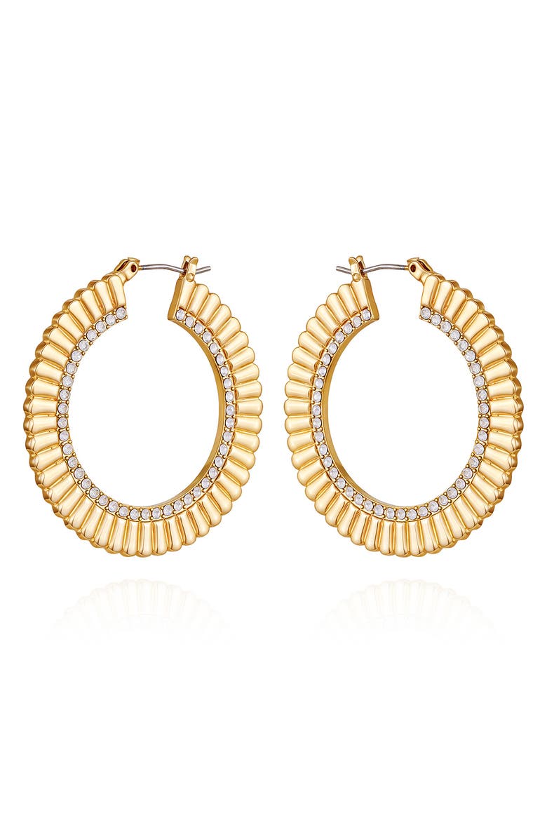 Vince Camuto Crystal Textured Hoop Earrings, Main, color, Gold Tone