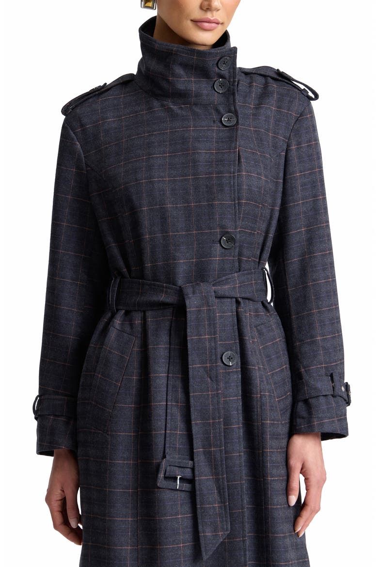Relaxed Belted Funnel Neck Coat, Alternate, color, NAVY - GREY PLAID
