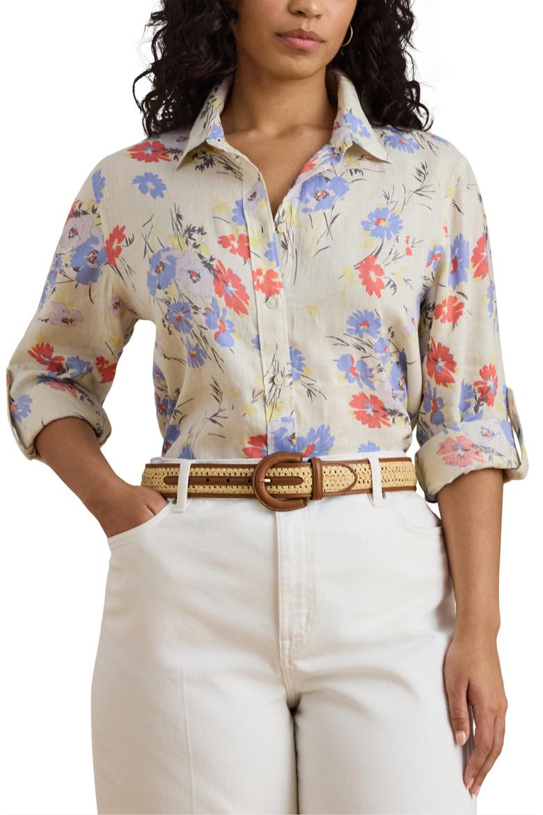 Relaxed Fit Floral Linen Shirt, Main, color, CREAM/ MULTI