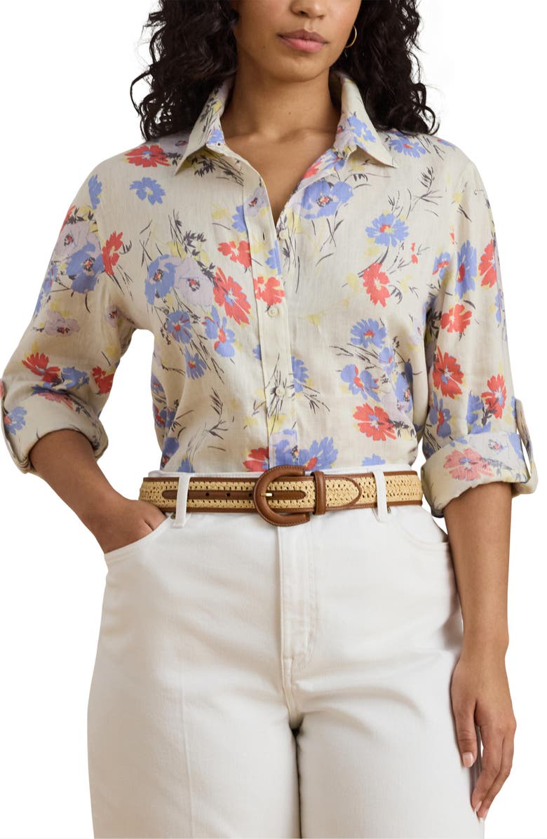 Lauren Ralph Lauren Karrie Relaxed Fit Floral Linen Button-Up Shirt, Main, color, Cream/ Multi