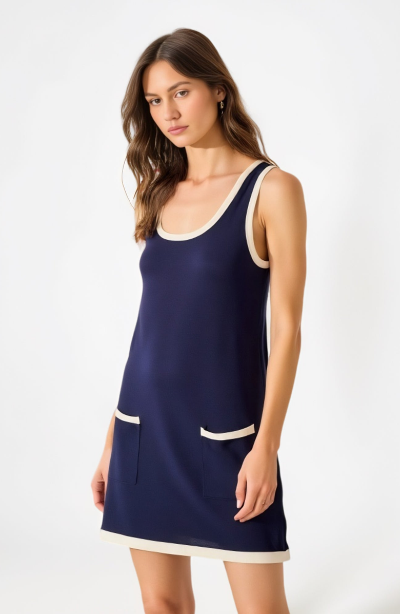 Modenaire Sleeveless Knit Mini Dress with Contrast Trim and Front Pockets, Alternate, color, Navy Blue
