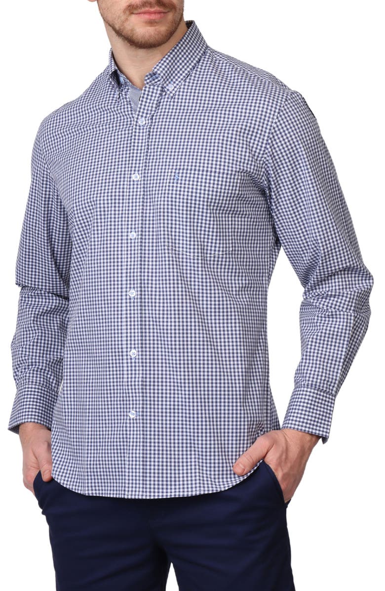 TailorByrd Gingham Stretch Cotton Button-Up Shirt, Alternate, color, Navy