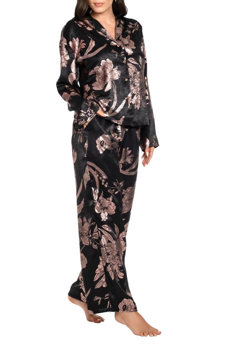 Print Satin Pajamas, Alternate, color, BLACK