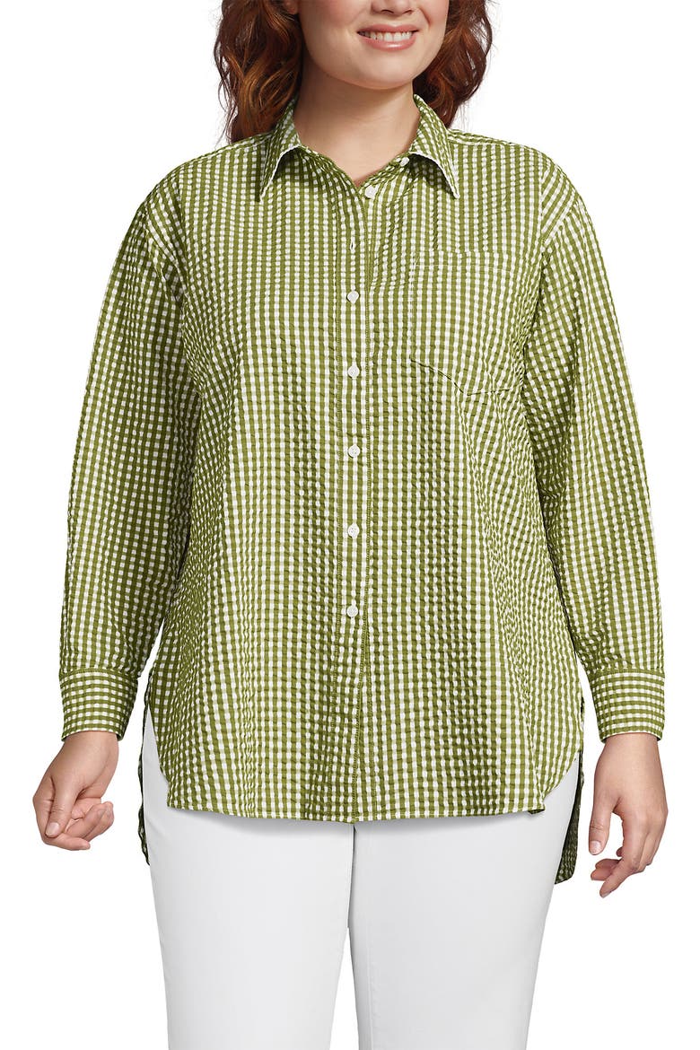 Plus Size Oversized Seersucker Shirt, Main, color, Vintage Lime Green Gingham