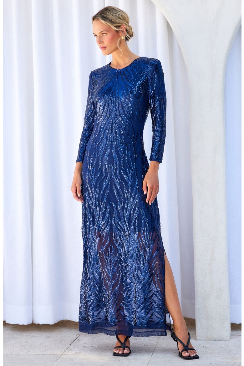 Sequin Long Sleeve Evening Gown, Alternate, color, NAVY