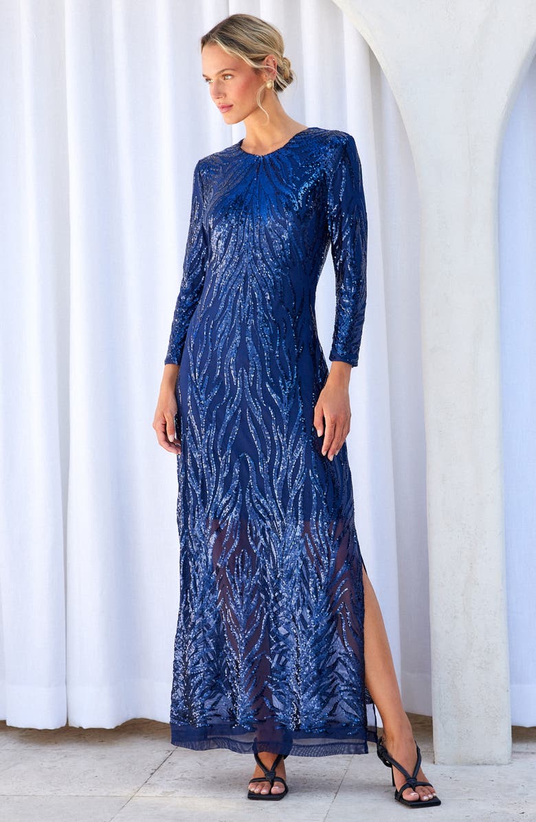 Karen Kane Sequin Long Sleeve Evening Gown, Alternate, color, Navy