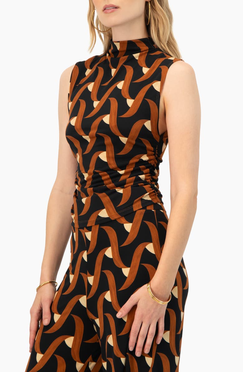 IVONNE Patterned Ruched High Neck Blouse, Alternate, color, Multi-Brown