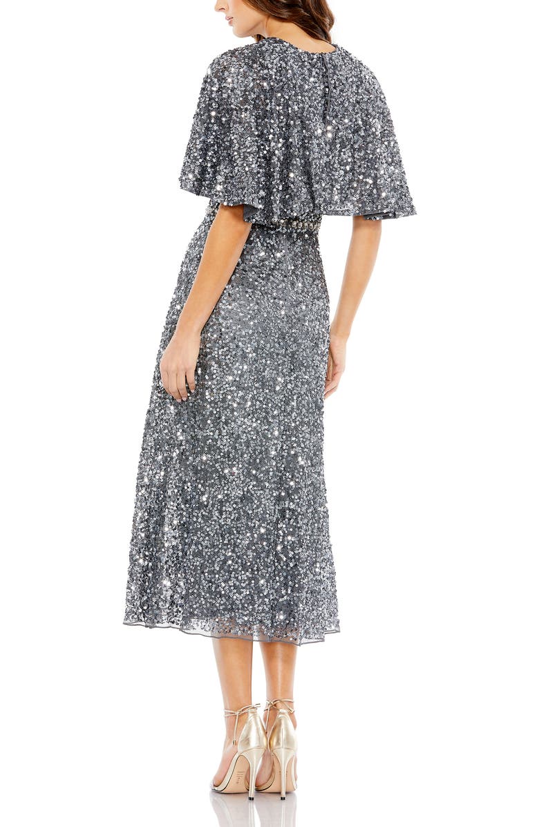 Mac Duggal Women's Embellished Cape High Neck Midi Dress, Alternate, color, Charcoal