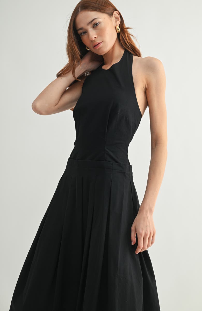 Mila Mae Pleated Halter Cotton Midi Sundress, Alternate, color, Black