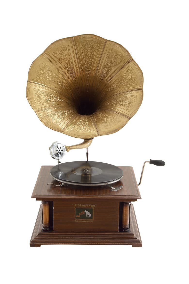 Brown Wood & Metal Vintage Gramophone, Alternate, color, BROWN