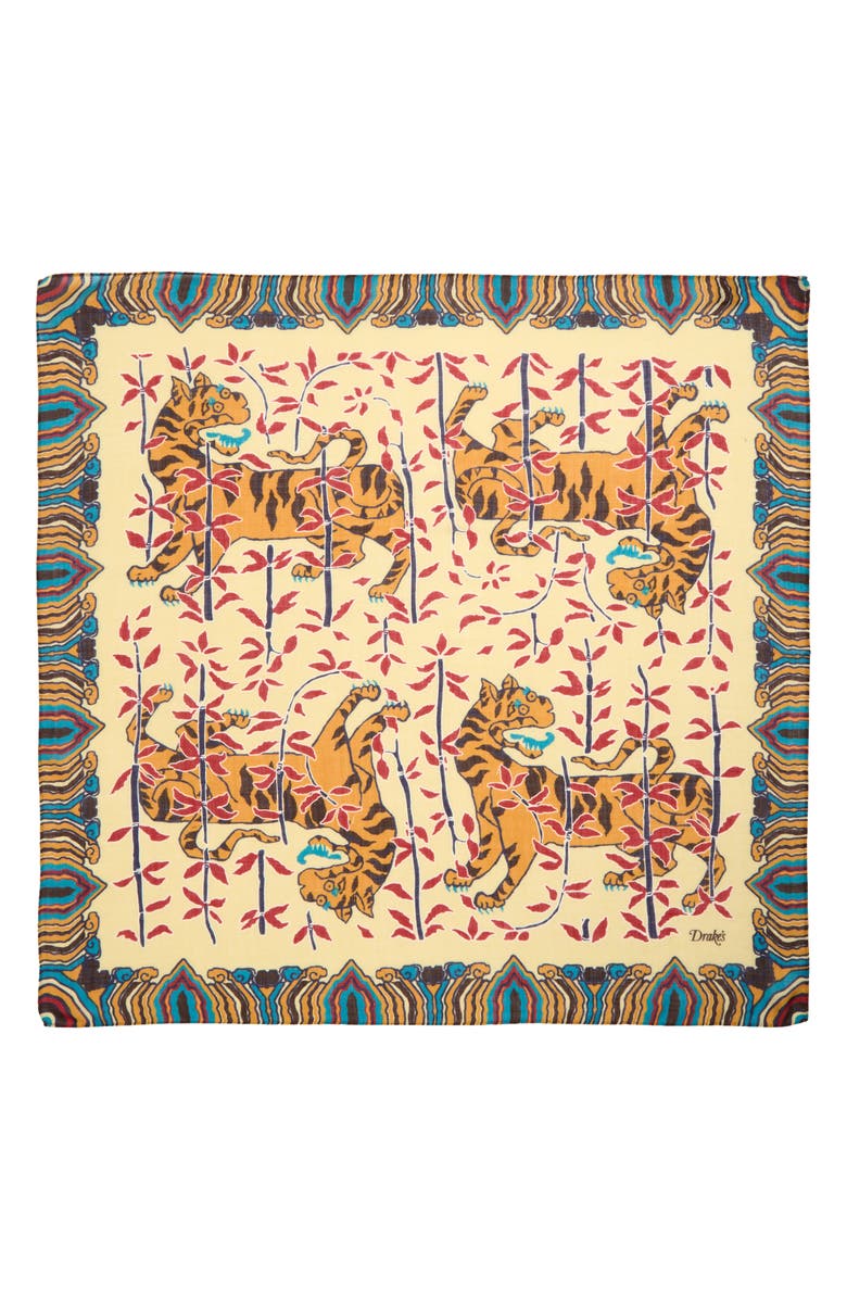 Drake's Tiger Print Wool & Silk Bandana, Alternate, color, Soft Yellow