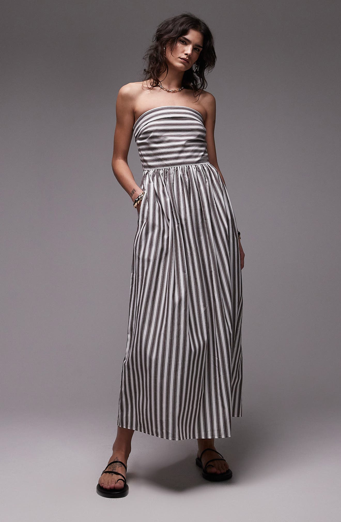 Topshop Stripe Strapless Cotton Midi Dress