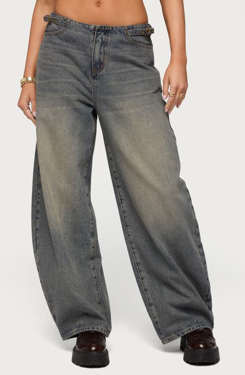 Buckle Tab Low Rise Barrel Leg Jeans